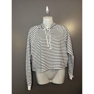 H&M Divided Hoodie Womens Medium Black White Striped Cropped Pullover Raglan